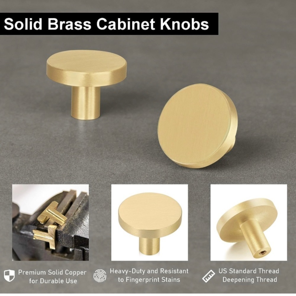 Solid Brass Round 1 1/8” Cabinet Pulls - Brushed Gold Finish (Qty. 12)